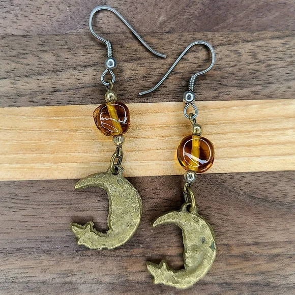 Y2K Celestial Sun Moon Stars Crescent Brass Earrings Glass Beads 90s Fairy Vtg - Picture 6 of 7
